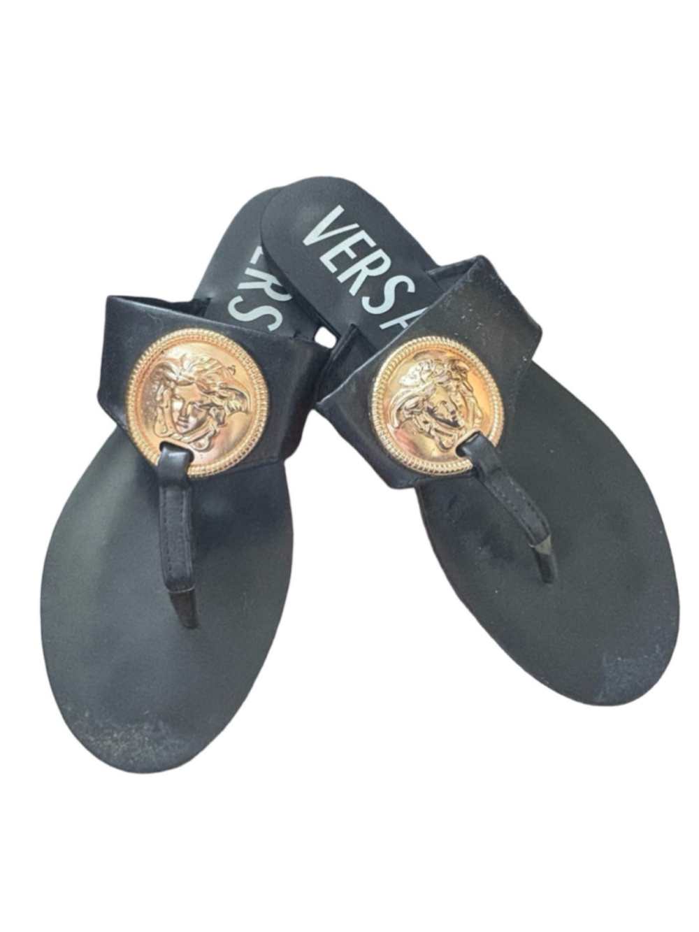 Black Thong Sandals with Gold Medallion - size 38 / 7